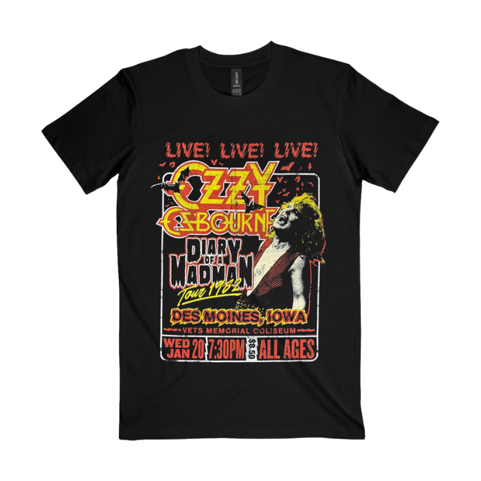 Black t-shirt with Ozzy Osbourne's Diary of a Madman Tour graphic