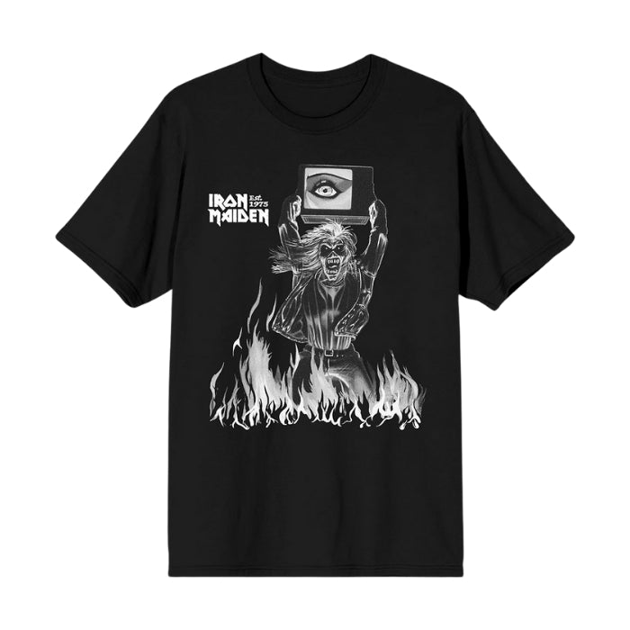 Black t-shirt with Iron Maiden Holy Smoke Flames Crop graphic design