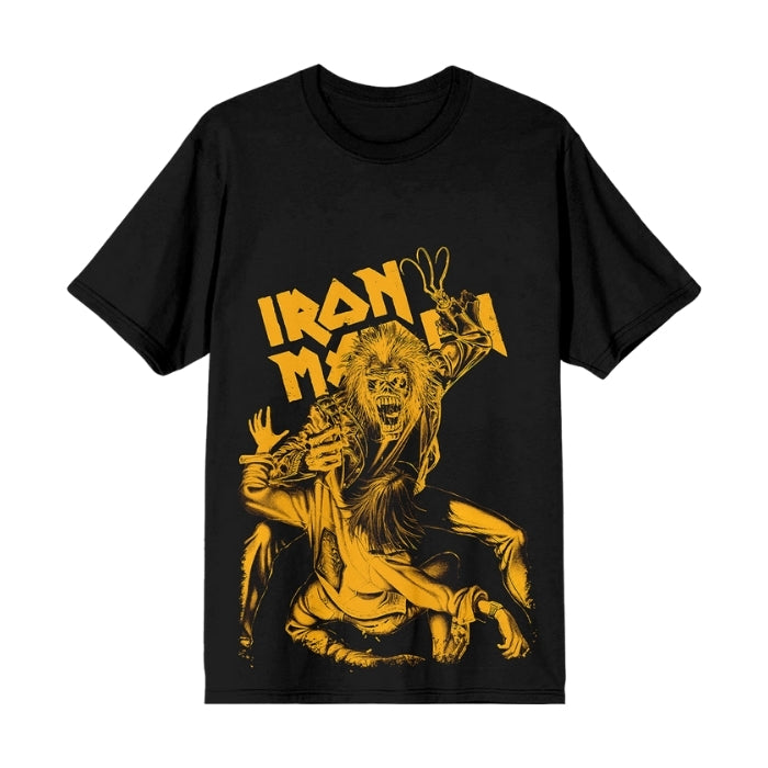 Black t-shirt with yellow Iron Maiden graphic design